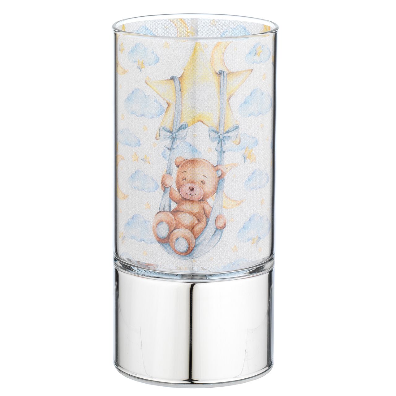 LAMPADA IN VETRO 7x15 CON DECORO ORSETTO SU ALTALENA AZZURRO

